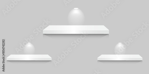 Four empty white shelves isolated on transparent background. Vector design template. Eps 10