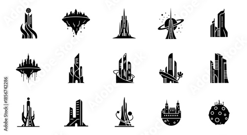Futuristic cityscape icons with sleek, modern design elements showcasing innovation, technology, and vision for urban planning and architectural concepts
