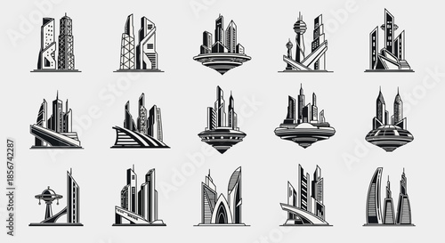 Futuristic cityscapes evoke progress and innovation, ideal for visionary urban planning and modern architectural design projects, originally a vector graphic