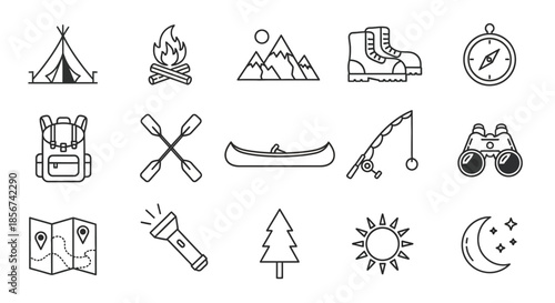 Plan Your Next Adventure with These Essential Camping and Outdoors Icons; Get Inspired by Nature, Fresh Air, and the Thrill of Exploration with Modern Icons