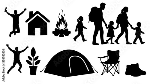 outdoor camping silhouettes with family hiking tent bonfire and adventure nature elements