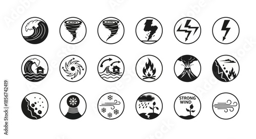 Collection of modern icons representing natural disasters and weather events for safety and warning systems