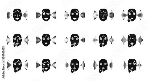 Dynamic collection of expressive faces conveying a spectrum of emotions and thoughts through sound wave icons, perfect for communication concepts.