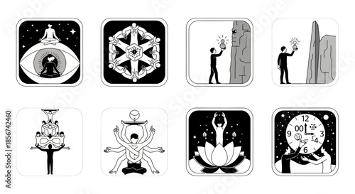 Inspiring abstract icons depict enlightenment, unity, discovery, teamwork, spiritual growth, and the passage of time, perfect for conceptual projects.