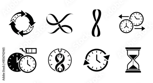Diverse time icons including clocks, hourglass, infinity symbols, and countdowns capture temporal concepts for dynamic projects