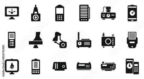 Modern technology icons set showcasing communication devices, monitors, and audio equipment for dynamic presentations and digital connectivity solutions.