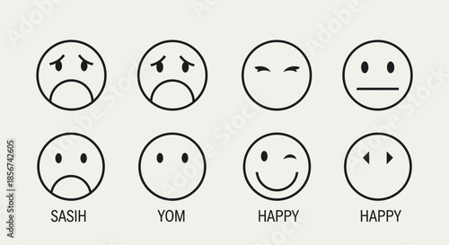 Diverse expressive emoji faces showcase a spectrum of emotions from sadness to joy and neutrality, perfect for communication and feedback concepts.