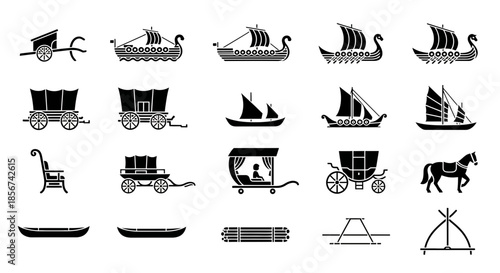Explore historical transportation and ancient vessels with this diverse collection of iconic silhouette designs perfect for educational or creative projects.