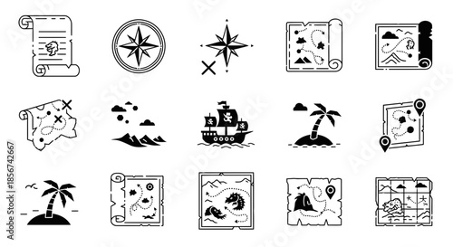 Embark on thrilling adventures with pirate treasure maps, compasses, and iconic ships charting courses to hidden islands and mythical creatures.