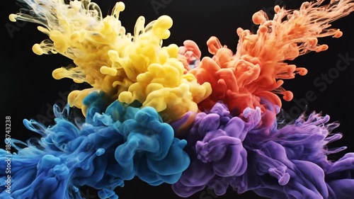 Vibrant colorful ink clouds spreading in water on a dark background, creating an abstract and dynamic visual effect.