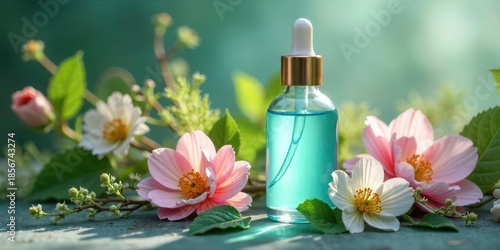 Serene Botanical Essence A Luxurious Aromatic Oil in Glass Bottle, Adorned with Delicate Spring Blossoms on a Rustic Surface