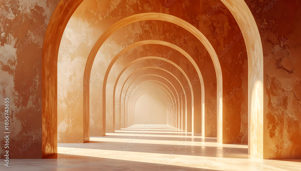 Naklejka premium 3D render of layered arches fading into the distance, set against a soft brown background