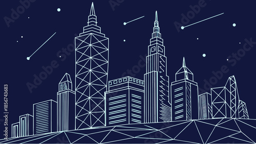 Futuristic cityscape with glowing skyscrapers and digital interfaces at dusk, urban innovation