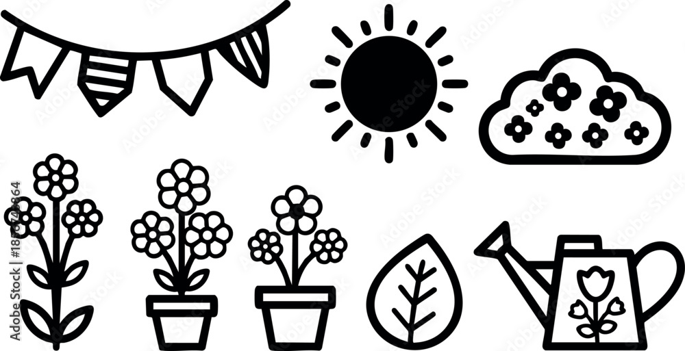 Fototapeta premium Gardening vector set with flowers, watering can, sun, cloud, leaf, and festive flags for spring and summer designs