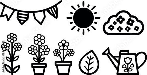 Gardening vector set with flowers, watering can, sun, cloud, leaf, and festive flags for spring and summer designs