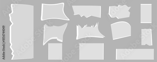 White realistic torn or ripped paper strip collection with grunge edges. Torn notebook page or scrap note with damaged border. Sticky newspaper clip art with paint brush stroke texture.