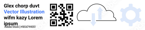 Data security, cloud storage, automation, digital tools, scanning technology, tech services. QR code with cloud upload icon and gear. Data security and cloud storage concepts