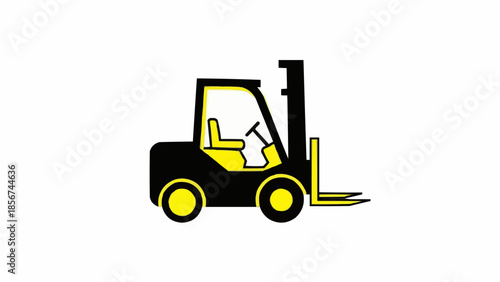 Side view illustration of yellow forklift truck lifting pallet in industrial warehouse environment graphic design concept