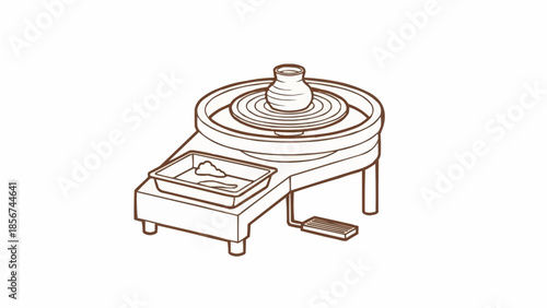 Traditional Pottery Wheel Crafting Clay Vessel Artwork Illustration in Studio Environment Top-Down View Concept