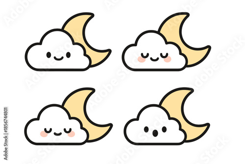 Cute Kawaii Clouds and Moon Set