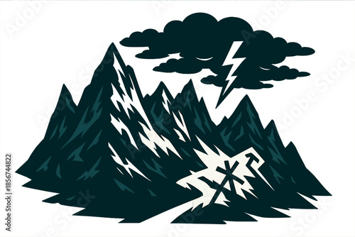 Dark Mountain Landscape with Lightning Storm