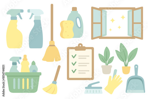 Cleaning supplies and tasks illustration with glowing effect