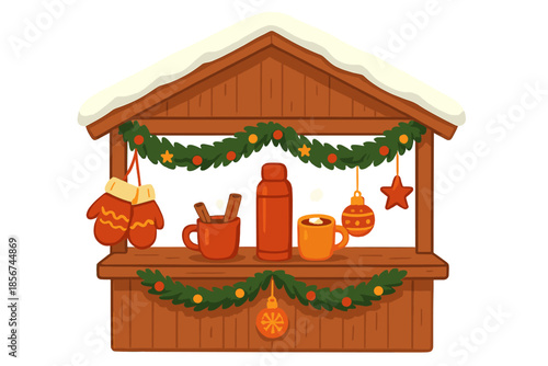 Cozy Christmas market stall with hot drinks and decorations
