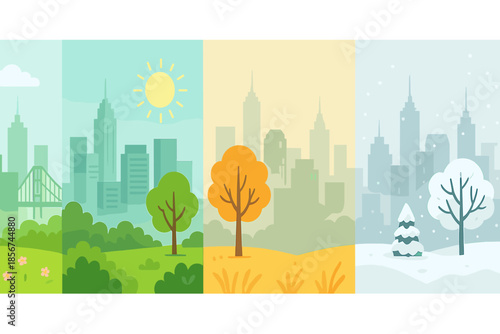 Four Seasons Cityscape with Natural Elements