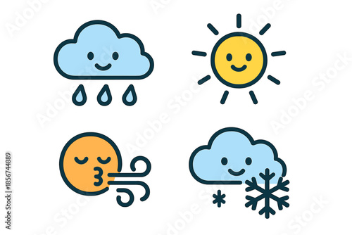Four cartoon weather icons on a dark background