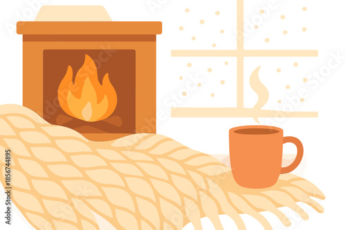 Cozy winter scene with fireplace and hot beverage