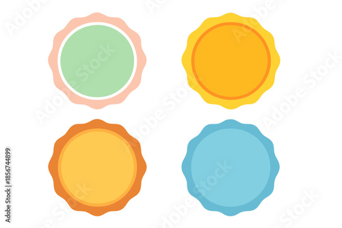 Four Colorful Sun-like Shapes with Glowing Edges on Blurred Background