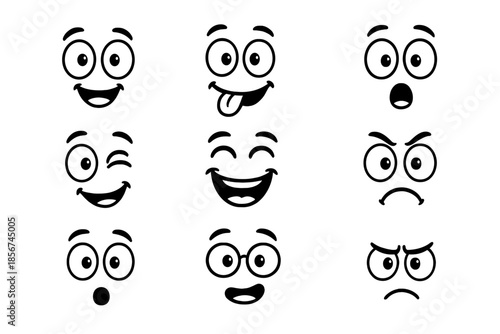 Collection of nine cartoon faces with different emotions on black background