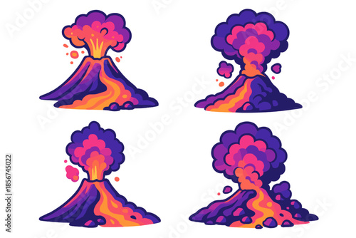 Four stylized cartoon volcanoes erupting lava and smoke against a dark background