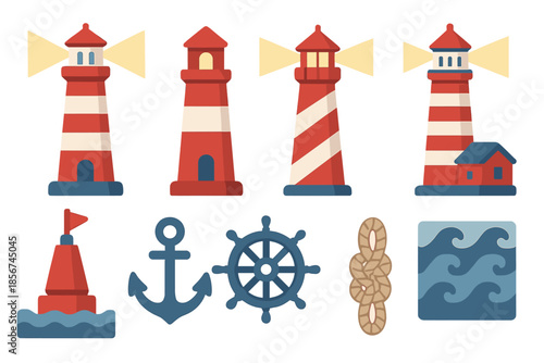 Nautical icons with lighthouses and maritime elements