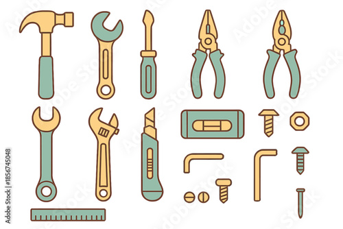 Collection of tools and fasteners on a gradient background