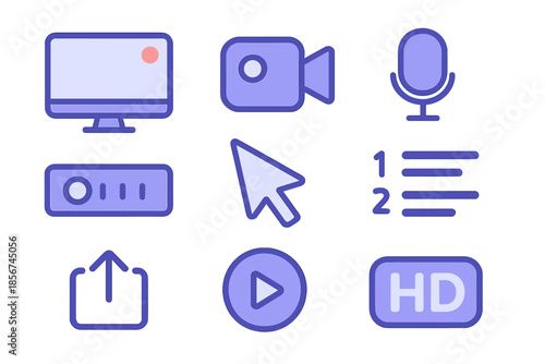 Collection of digital icons with a purple neon glow