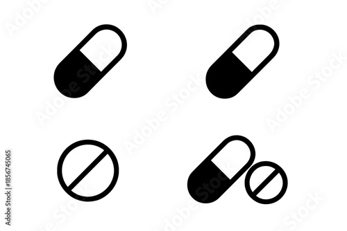 Four dark icons of pills and a prohibition sign