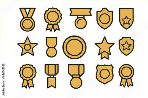 Collection of golden badges and awards on a gradient background