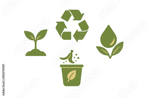 Green recycling, composting, and nature icons on a yellow background