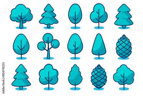 Collection of stylized trees and pinecone icons in cyan glow