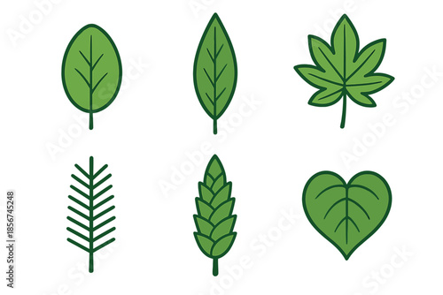 Six stylized green leaf icons on a dark background