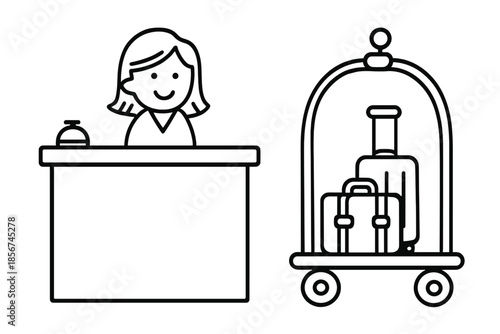 Hotel check-in and luggage cart line art