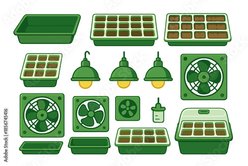 Grow tent equipment set with seeding trays and fans