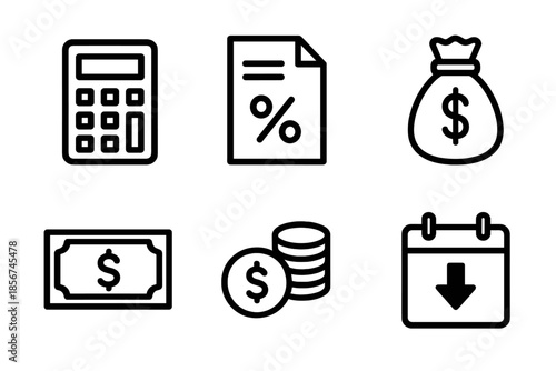 Financial icons in a grid on a dark background