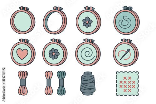 Embroidery Hoop and Thread Icons Set