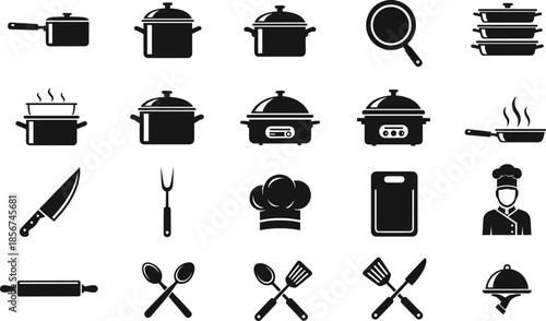 Kitchen cookware and chef silhouette icon set featuring pots, pans, utensils, cooking tools, and professional food preparation symbols