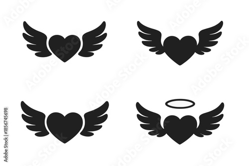 Four Hearts with Wings and Halo Icons