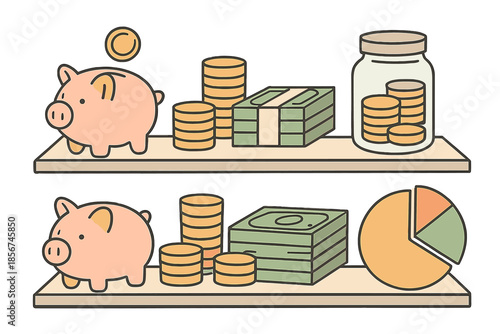 Piggy Banks, Money, and Jar of Coins on Shelves