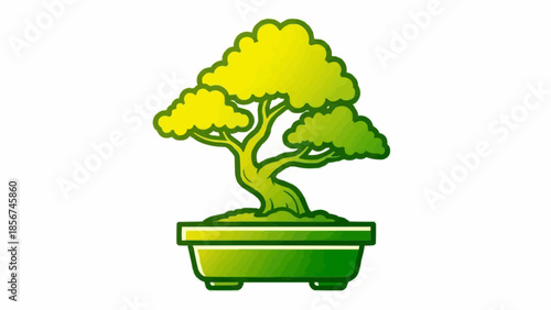 A serene illustration of a bonsai tree in a pot, showcasing its twisted trunk and vibrant leaves from a front viewpoint.