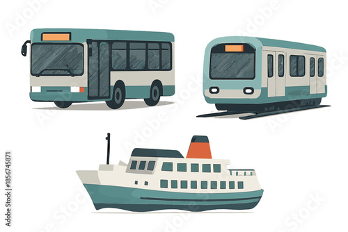 Stylized Transportation Icons: Bus, Train, and Ferry